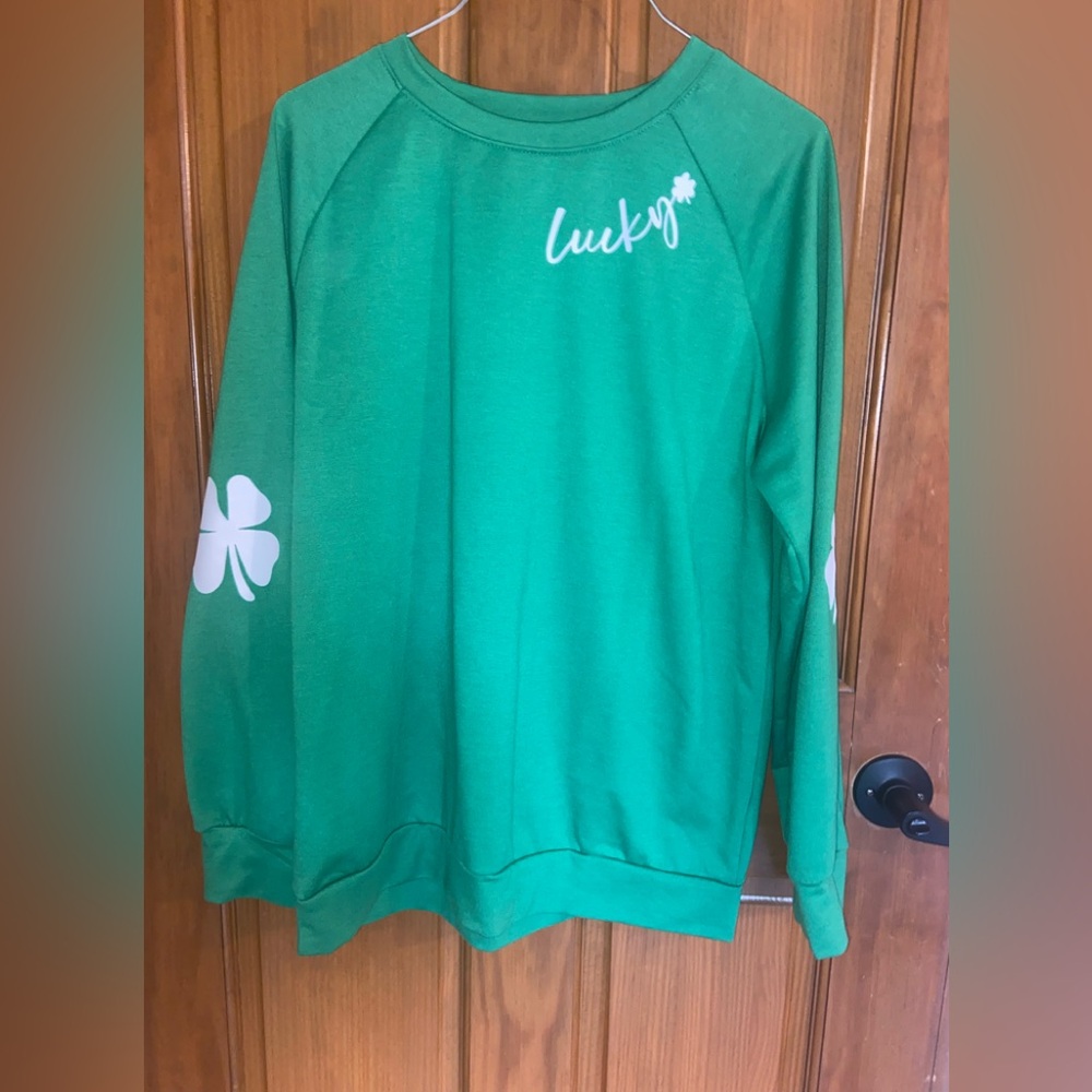 Green Lucky Sweatshirt with Shamrock Design on both arms -M - Picture 7 of 8